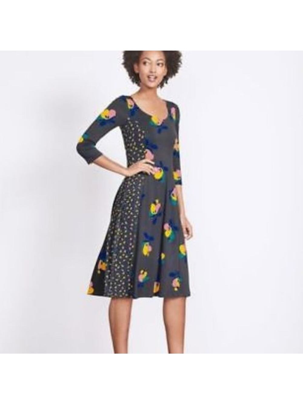 Boden Alannah Gray Floral Jersey Dress 3/4 Sleeves Minimalist Capsule Size 10R